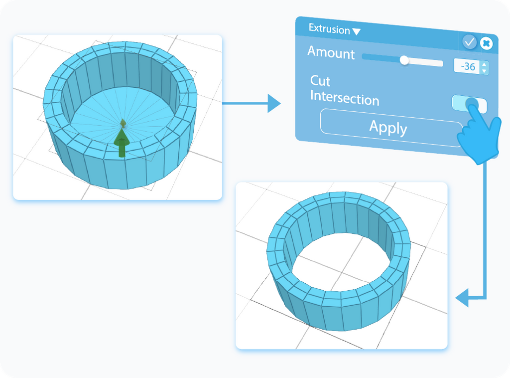 Toggle to enable the Cut Intersection feature for the Extrusion tool